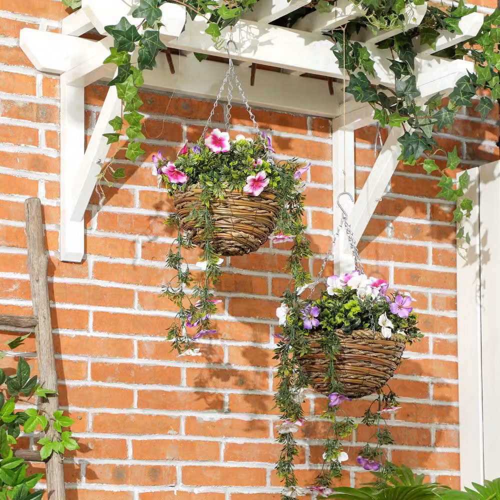 STILVORA Set of 2 Pink Multicolour Artificial Hanging Baskets with Silk Azalea Flowers – 3