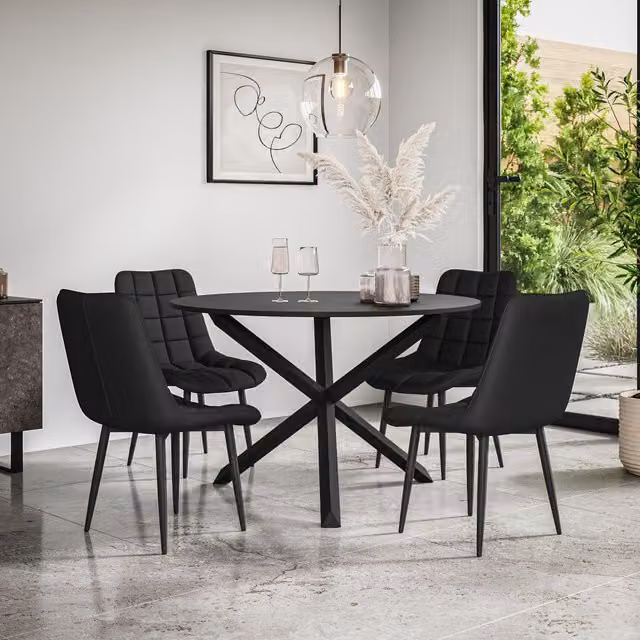 More4Homes Malvern Round Dining Table and Set of 4 Nova Faux Leather Chairs with Black Table Top and Solid Oak Black Legs
