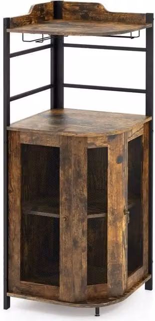 Kelvenix Industrial Corner Wine Cabinet Buffet in Brown with Glass Doors – 1