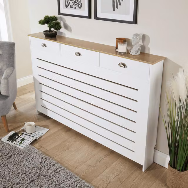 Home Source Batley Radiator Cover with Storage Drawers in White and Oak Effect, W: 150 cm, H: 96 cm, D: 19 cm