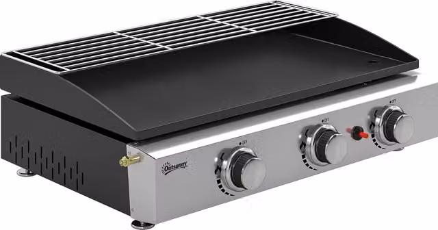Outsunny 3 Burner Gas Plancha Tabletop Grill Griddle with Warming Rack, 7.5 kW, Black