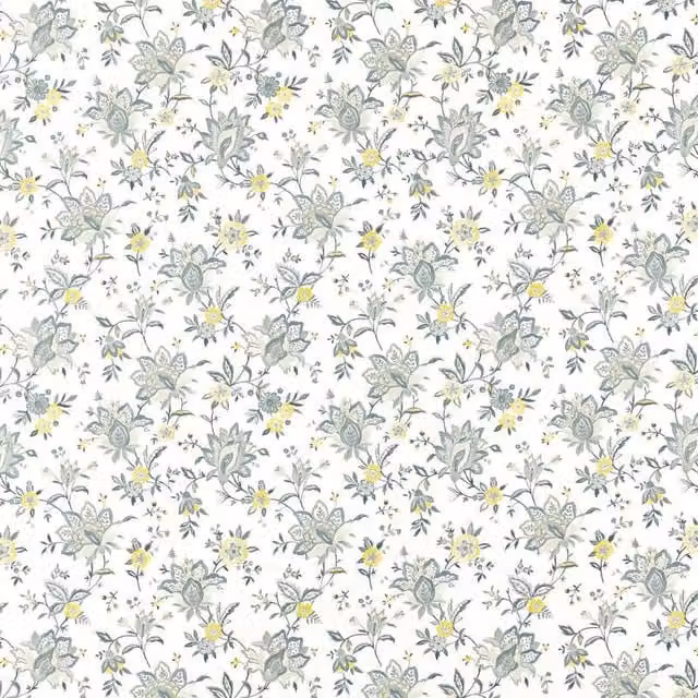 Clarke & Clarke Ornella Floral Cotton Fabric in Charcoal, Chartreuse, Grey, Yellow, Beige and White