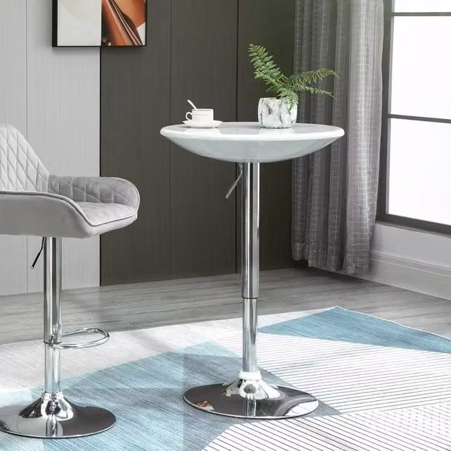EONLION Modern Round Bistro Pub Table in White and Silver with Height-Adjustable Rotating Top