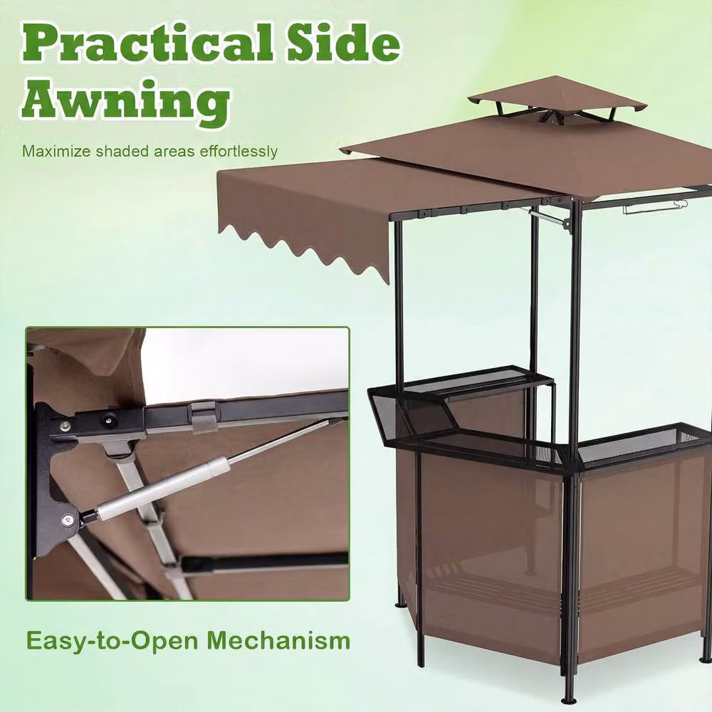 Gymax Outdoor Bar Set with Grill Gazebo, Bar Table and 2 Folding Bar Stools in Brown – 9