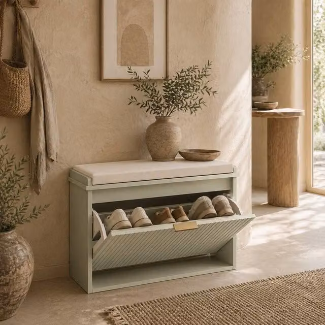 Wyld Haus Kalimba Green Shoe Bench with Beige Cushioned Top