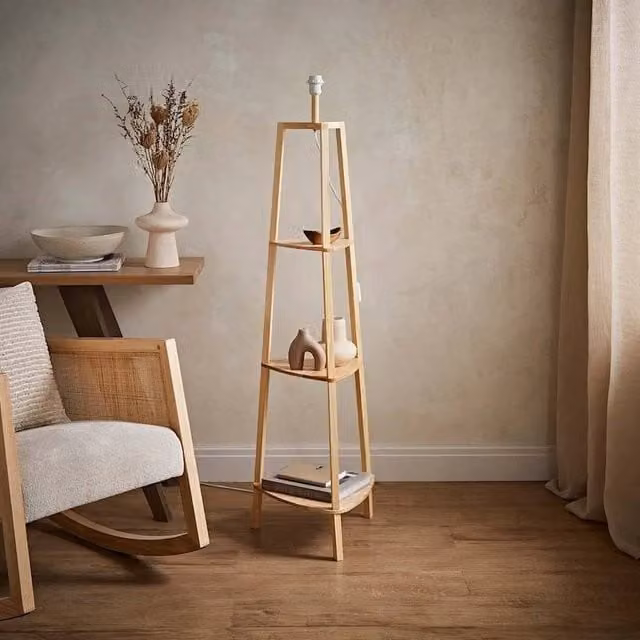 SPETLEK Modern Wood Floor Lamp with Shelf in Natural Beige for Living Room Reading