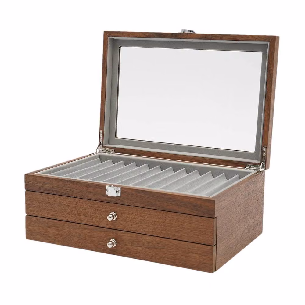 VOGREX Triple Layer Walnut Wood Fountain Pen Storage Display Box with Lid, Brown – 3