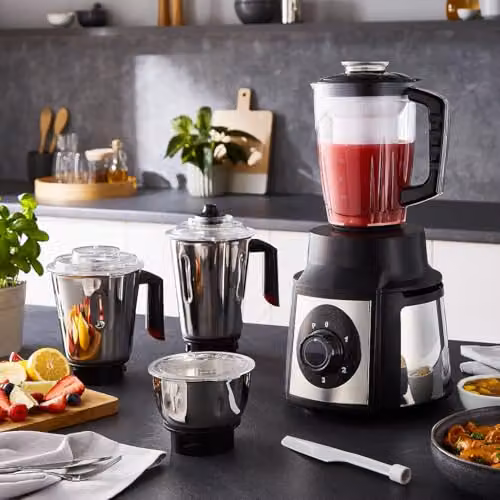Geepas 5-in-1 1000W Mixer Grinder with 3 Stainless Steel Jars and 1.5L Juice Jar in Black and Transparent – 2