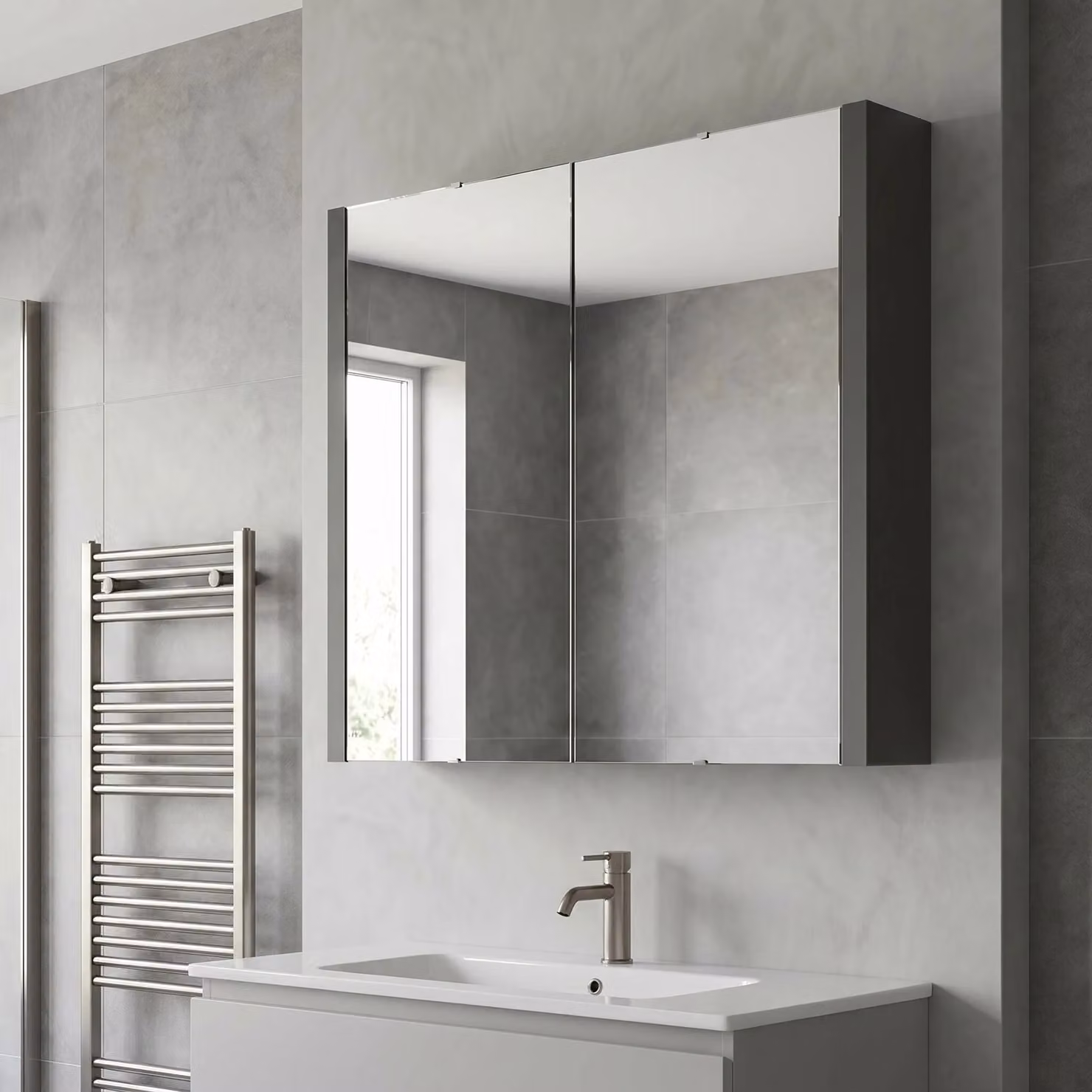 Balterley Bianca Wall Hung Mirror Cabinet with 2 Soft Close Doors, Gloss Grey, Width: 60 cm – 3