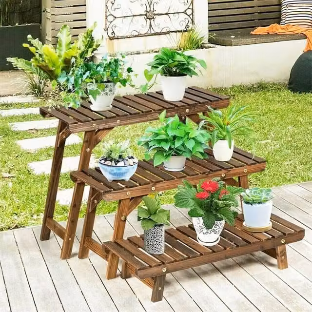 NESTLUNE 3-Tier Rustic Brown Wood Pine Plant Stand Ladder Bench – 1