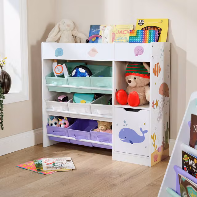 Home Source Anya Kids White Sealife Design Large Storage Bookshelf with Drawers, White and Multicolour