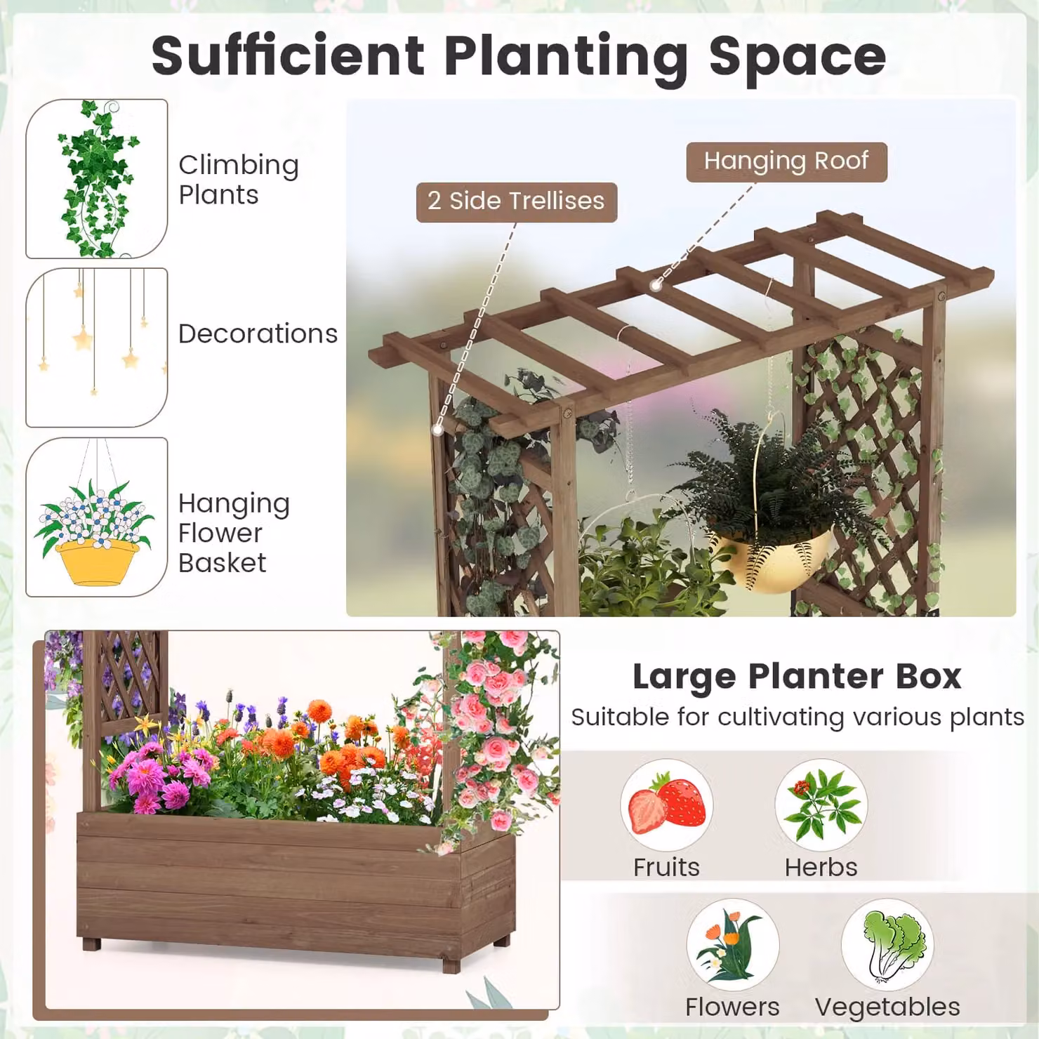 Costway Raised Garden Bed Fir Wood Planter Box with Hanging Roof, Brown, W/D/H: 180 x 110 x 44 cm – 5