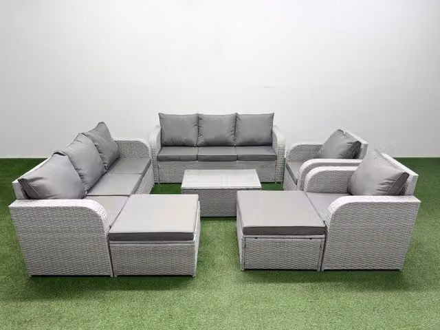 Fimous PE Rattan High Back Lounge Sofa Set in Light Grey with 3 Seater Sofa, Reclining Chair, Coffee Table and 2 Footstools