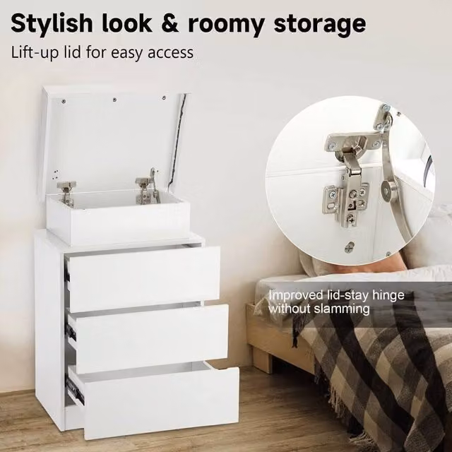 SPETLEK Modern White Glossy Bedside Table with 3 Drawers and Integrated RGB LED Lighting – 1