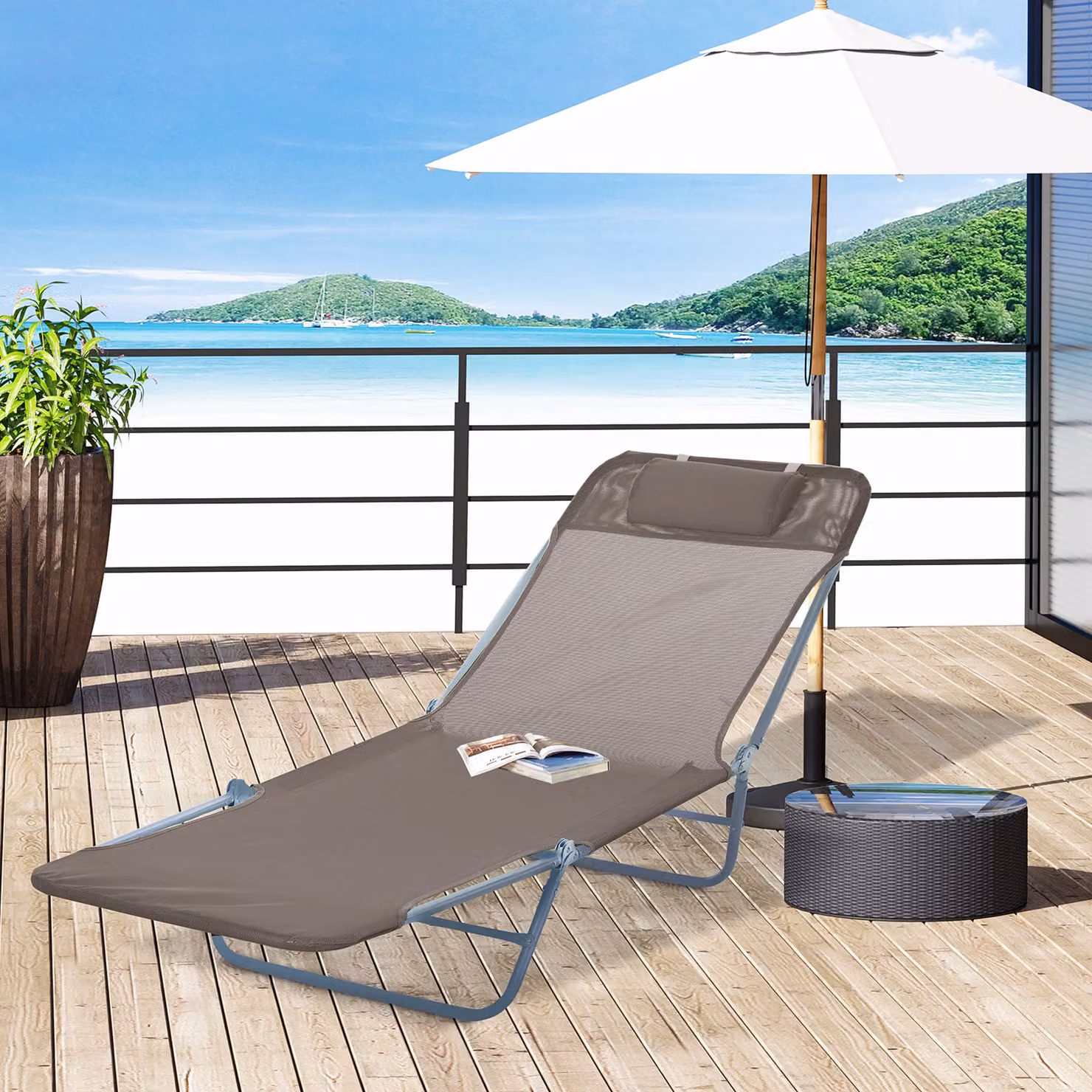 Outsunny Brown Adjustable Recliner Garden Lounger with Textilene Fabric and Metal Frame – 7