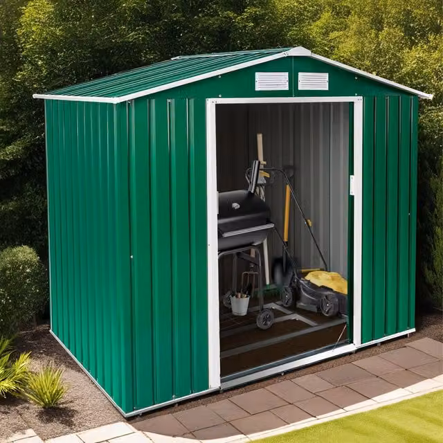 tectake Freestanding Metal Garden Shed with Gable Roof and Sliding Doors in Green and White