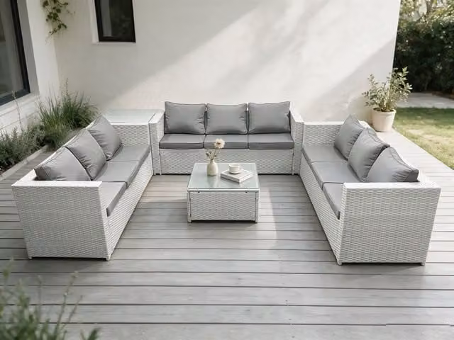 Fimous Light Grey U-Shape PE Rattan Garden Furniture Set with 3-Seater Sofa, Coffee Table and Upholstered Cushions