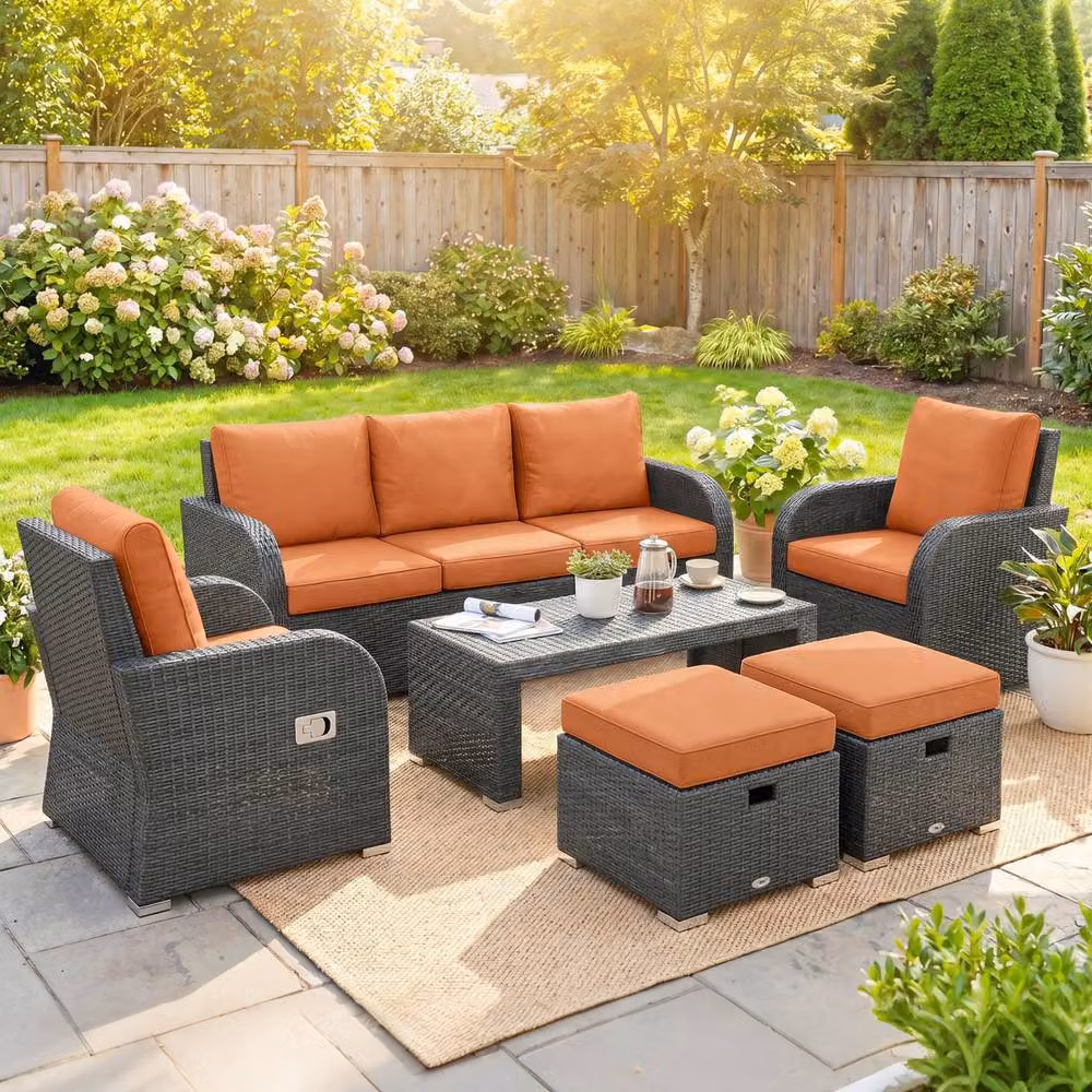 OUTSUNNY Rattan Garden Furniture Set with 3-Seater Sofa, Lounge Armchairs, and Matching Ottomans in Orange – 2