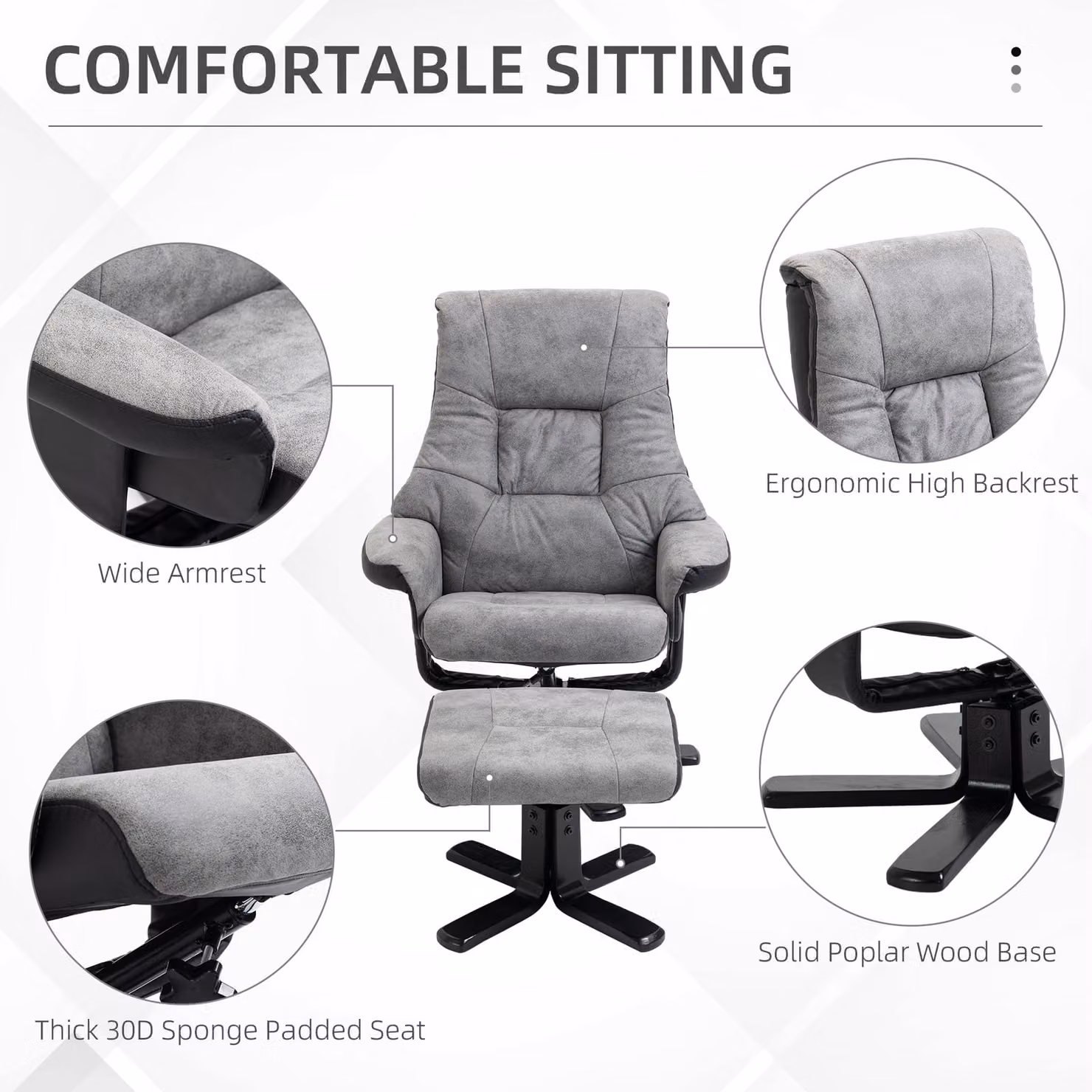 HOMCOM Grey Microfibre Fabric Recliner Sofa Armchair with Ottoman and 360 Degree Swivel Function – 4