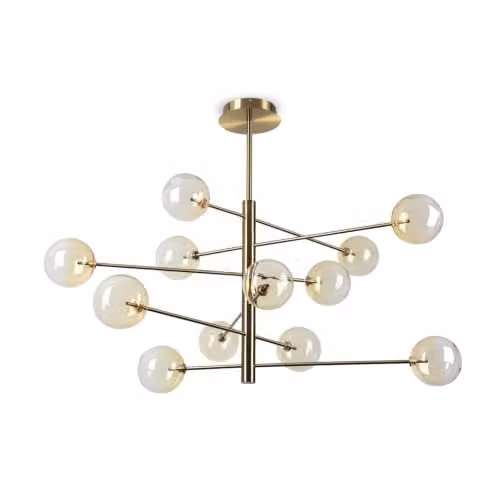 Ideal Lux Equinoxe 12 Light Multi Arm Pendant Ceiling Light with Amber Glass Spheres and Gold/Brass Finish – 1