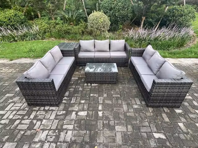 Fimous 9 Seater Outdoor Lounge Sofa Set in Dark Grey Mixed PE Rattan with Coffee Table, Side Table and Ottoman