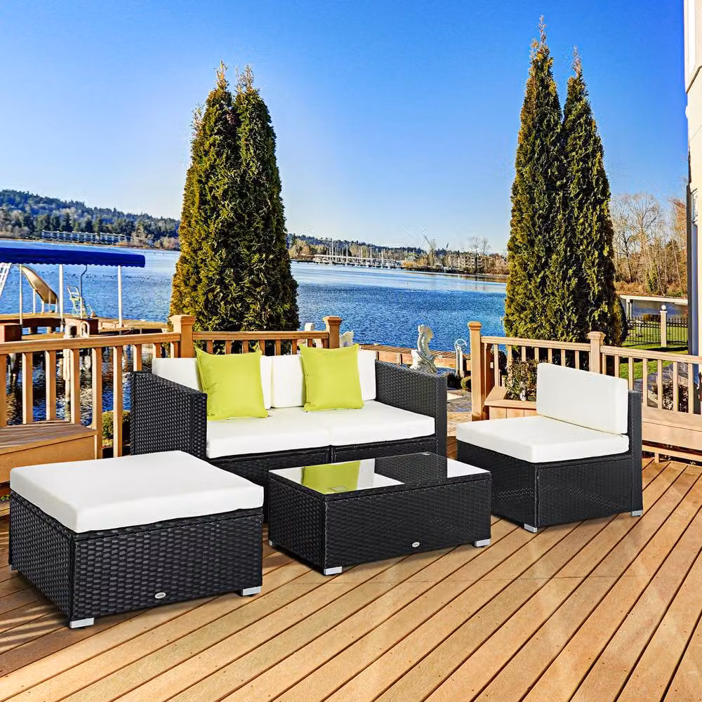 ERGOVEXA 4-Seater Black Rattan L-Shape Garden Sectional Sofa Set with Upholstered Cushions and Coffee Table – 4