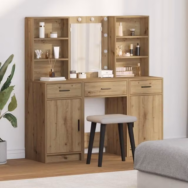Berkfield Home Hollywood LED 3 Piece Modern Dressing Table Set in Brown Oak Wood – 1