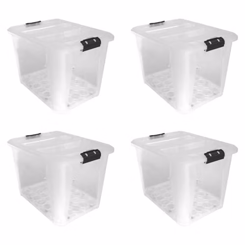 JVL Set of 4 Plastic Secure Clip Lidded Storage Boxes with Wheels, Stackable and Nestable, Clear, 60L – 1