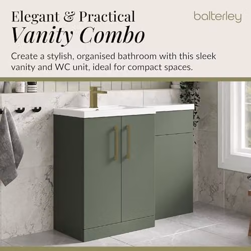 Balterley Green L-Shaped Vanity Unit with L-Shaped Basin, WC Unit and Brushed Brass D Shape Handles, Floor Standing 2 Door Soft Close Bathroom Storage Set – 3