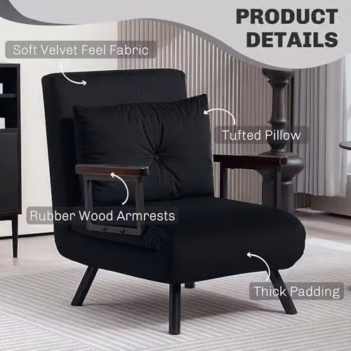 HOMCOM Black Velvet Fabric Click Clack Single Chair Bed Settee with Metal Frame – 6