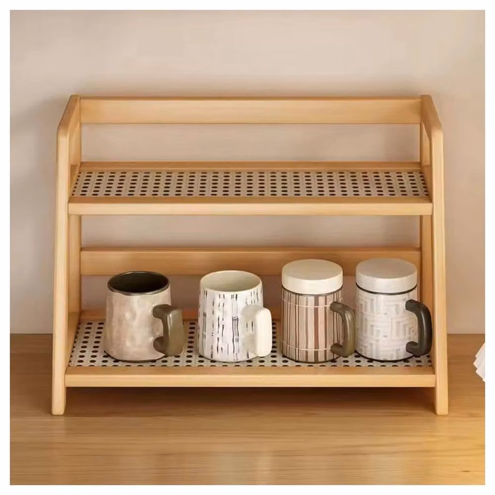 FORGEVIO 2 Tier Desktop Condiment Storage Rack in Natural Bamboo Wood, Brown and Beige – 3
