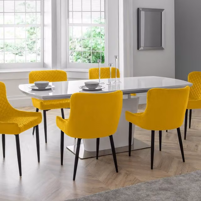 Julian Bowen Como White High Gloss Extendable Rectangular Dining Table and 6 Yellow Upholstered Chairs Set