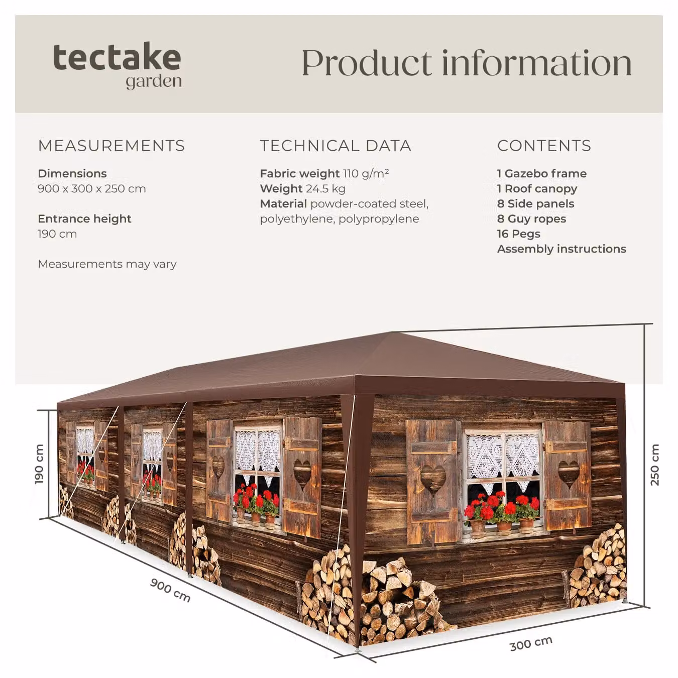 tectake Alpine Gazebo in Brown with Removable Side Panels and Windows, W/D/H: 900 x 300 x 250 cm – 5