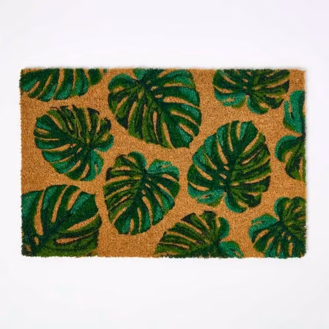 Homescapes Green Floral Coir and Rubber Non-Slip Doormat, W: 60 cm, D: 40 cm
