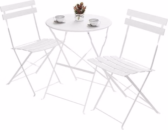 PAWNORA 3-Piece White Metal Folding Bistro Set for Garden, Balcony or Terrace