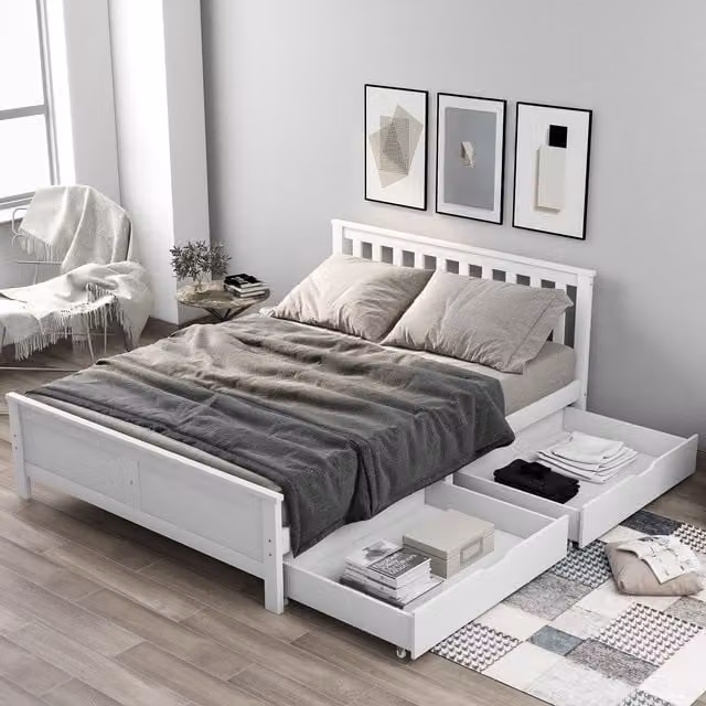 HomeTouch Angelo Classic White Solid Wood Double Bed Frame with Storage Drawers, W/D/H: 140 x 200 x 82 cm – 1