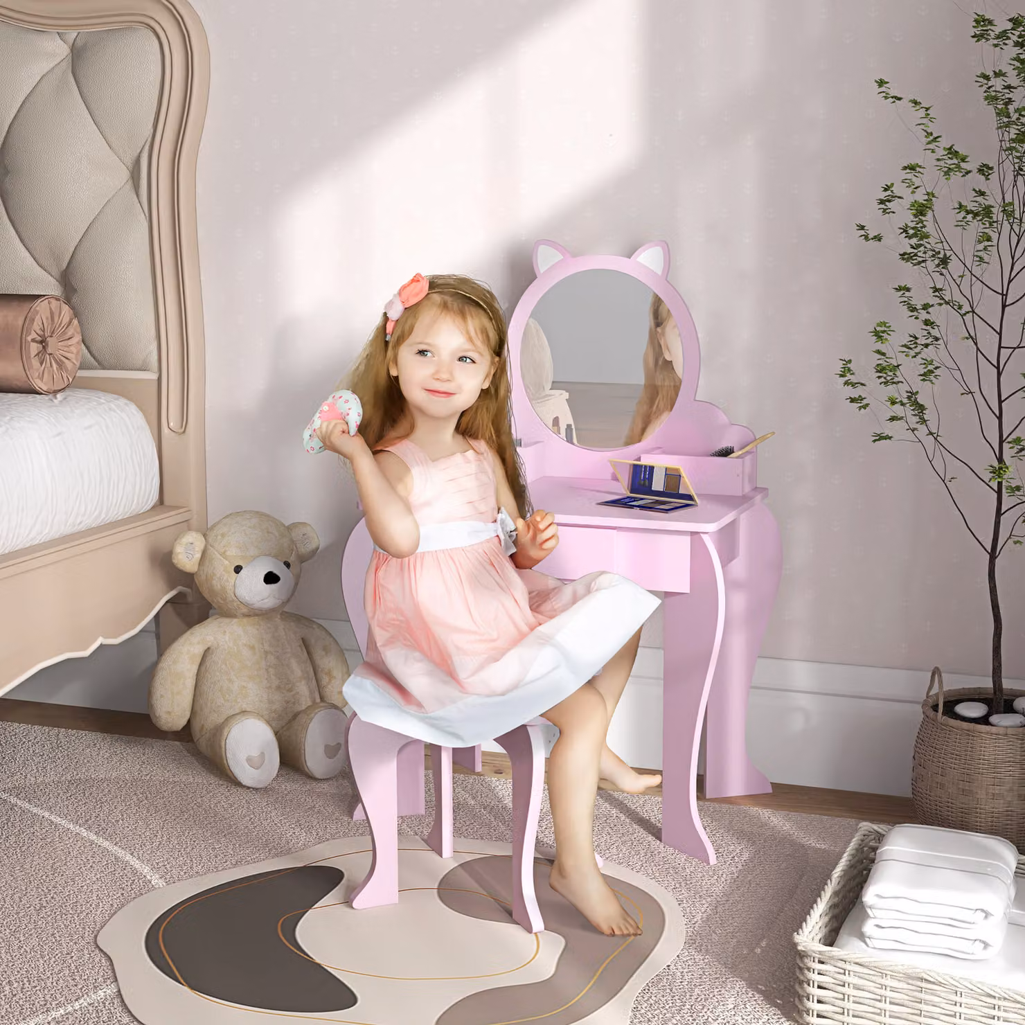 ZONEKIZ Children's Cat Theme Vanity Set with Mirror, Stool and Organiser Boxes, Pink – 2