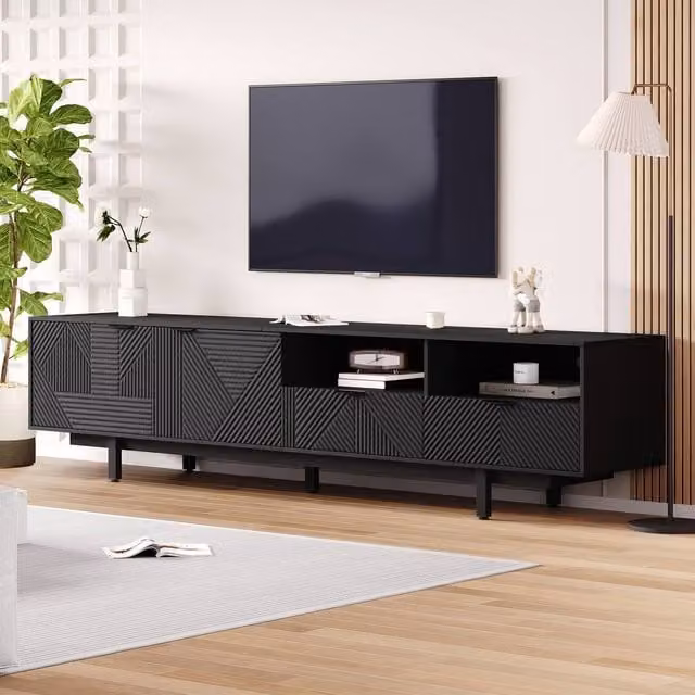 Merax Modern Geometric TV Stand, Black Mid-Century Bohemian Media Console Table, W/D/H: 200 x 40 x 51 cm – 1