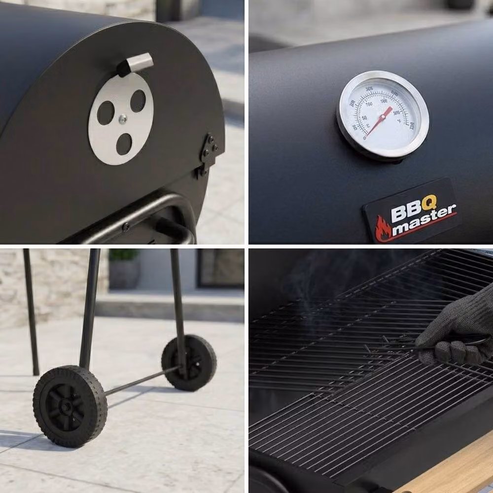 House of Home XL Barrel Charcoal BBQ Grill Smoker with Thermometer and Wheels in Black – 6