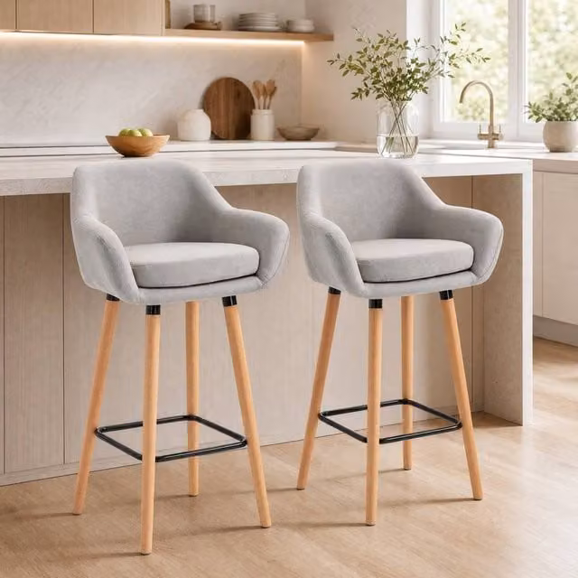 STILVORA Set of 2 Modern Bar Stools with Wooden Structure and Beige Linen Fabric