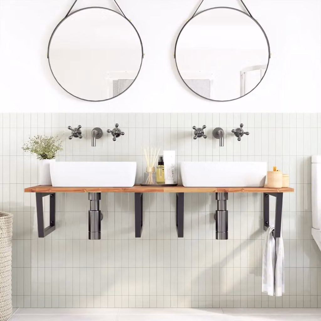 Berkfield Home Wall Mounted Basin Shelf in Brown Acacia Wood and Steel – 2