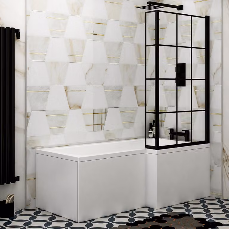 Qubix Reversible L Shaped Acrylic Shower Bath with Black Framed Screen and Front Panel, White, W: 160 cm, D: 85 cm