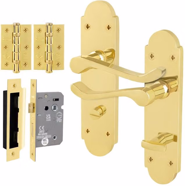 AFIT Polished Brass Bathroom Door Handle Set with Gold Backplates, 1 Pair – 1