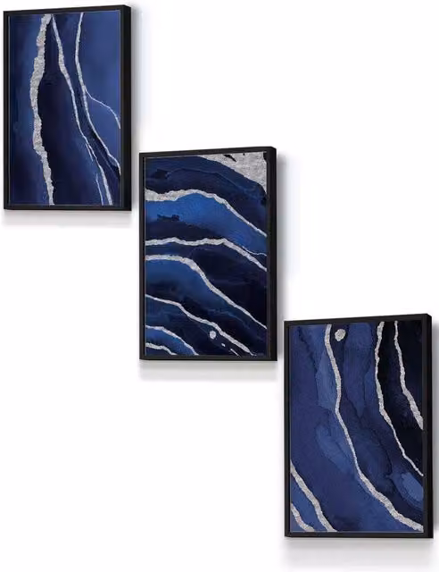 ARTZE Abstract Navy Blue and Silver Strokes Framed Wall Art in Black, W: 33 cm, H: 45 cm, D: 0.2 cm