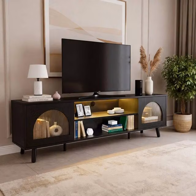 Kelvenix Modern Black LED TV Stand Cabinet with Glass and Integrated Lighting W/D/H: 100 x 47 x 35 cm – 1