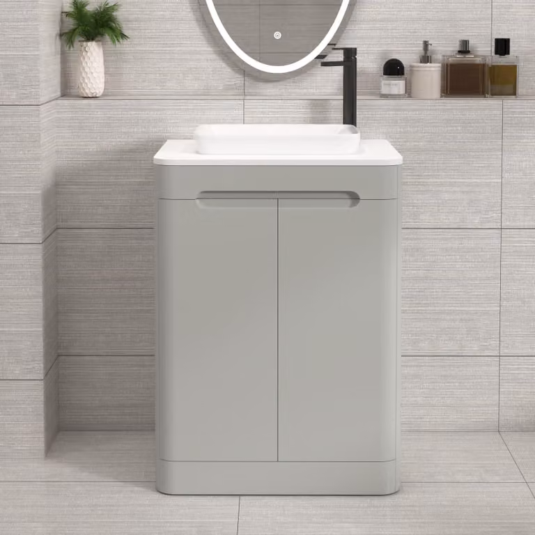 Royal Bathrooms Venice 600mm Floor Standing 2 Door Vanity Unit in Dove Grey with Plain White Worktop and Qubix Basin