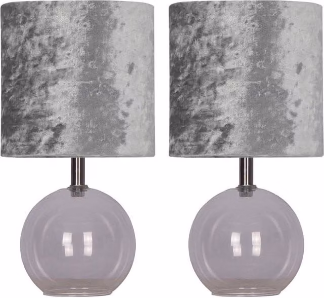 First Choice Lighting Buck Clear Glass Globe Table Lamp with Grey Velvet Shade – 1