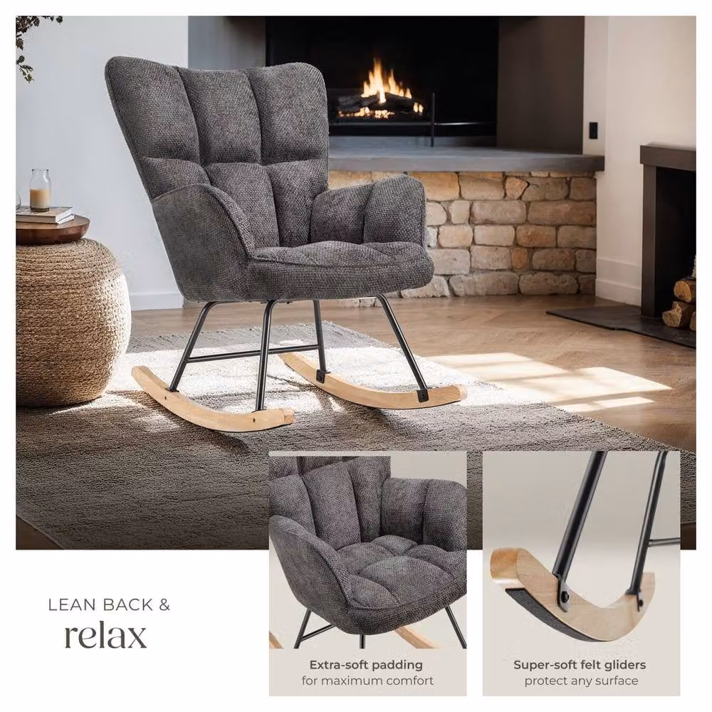 tectake Torve Rocking Chair with Plush Quilted Padding and Wooden Runners in Dark Grey – 4