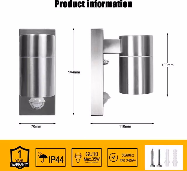 Living Star Silver Outdoor GU10 Wall Light with PIR Motion Sensor and IP44 Rating