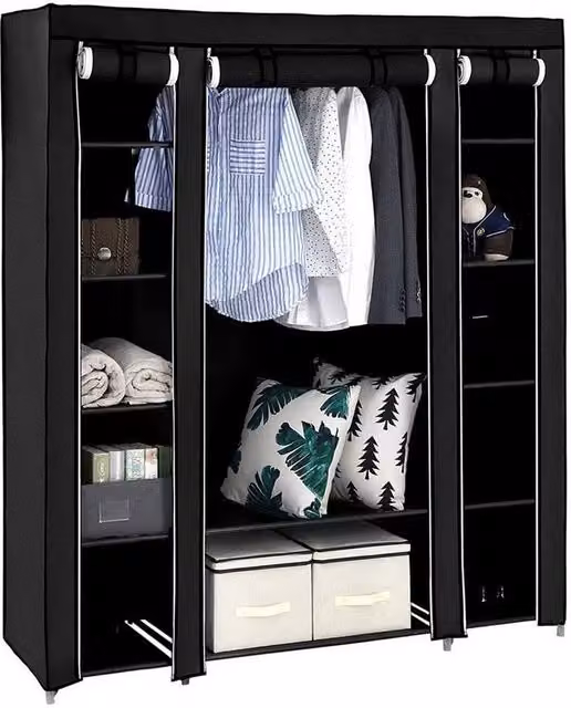 PAWNORA Fabric Canvas Wardrobe Clothes Storage Shelves in Black